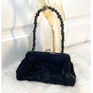 La Regale Black Satin Ruched Evening Bag with Beaded Handle & Kissing Lock Snap